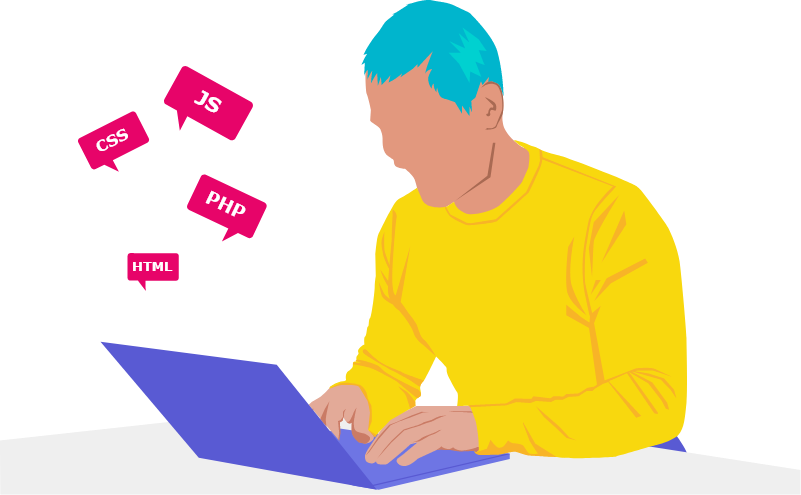 Illustration d'un développeur sur son ordinateur avec des icônes qui font référence au développement flottant autour de lui